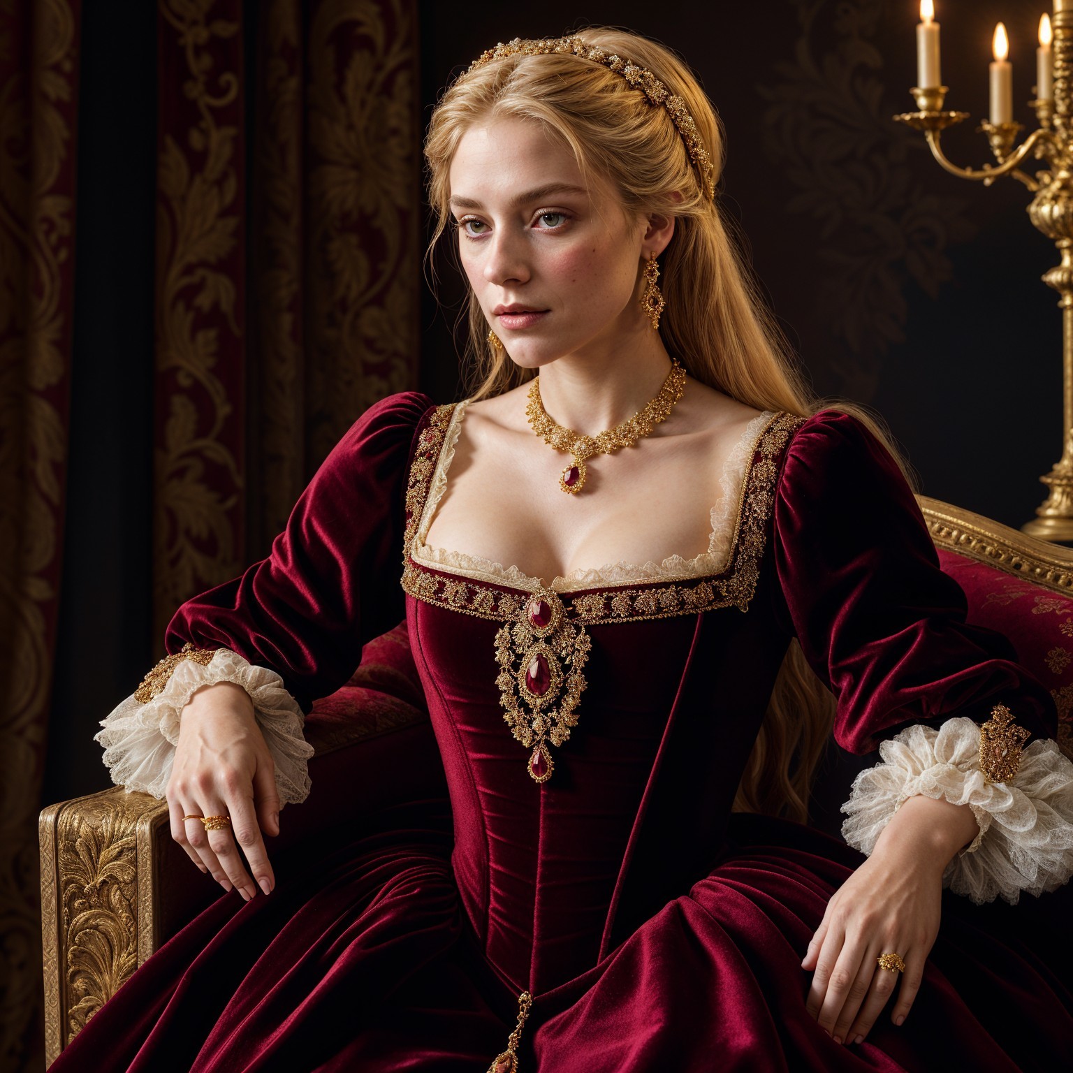 Regal young woman in elegant red gown on gold chair