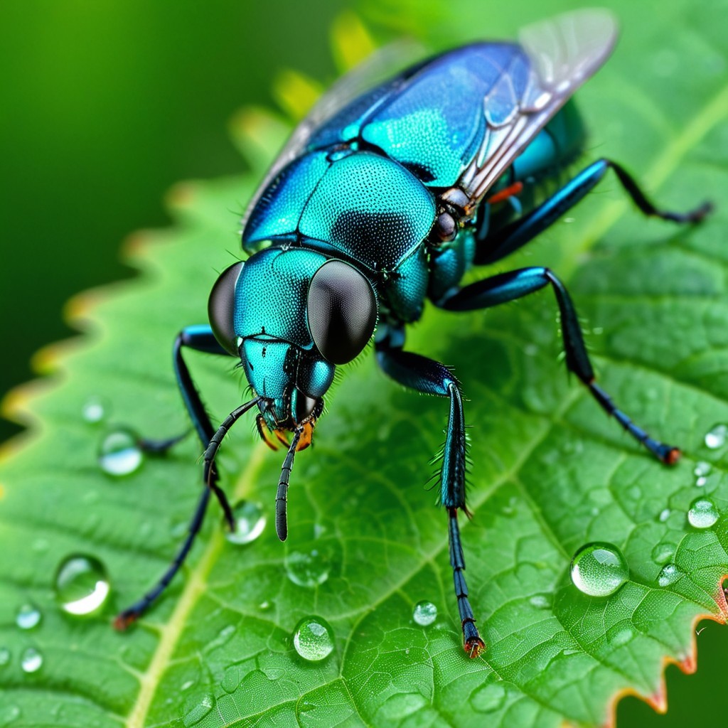 Metallic Blue Insect on Green Leaf with Raindrops