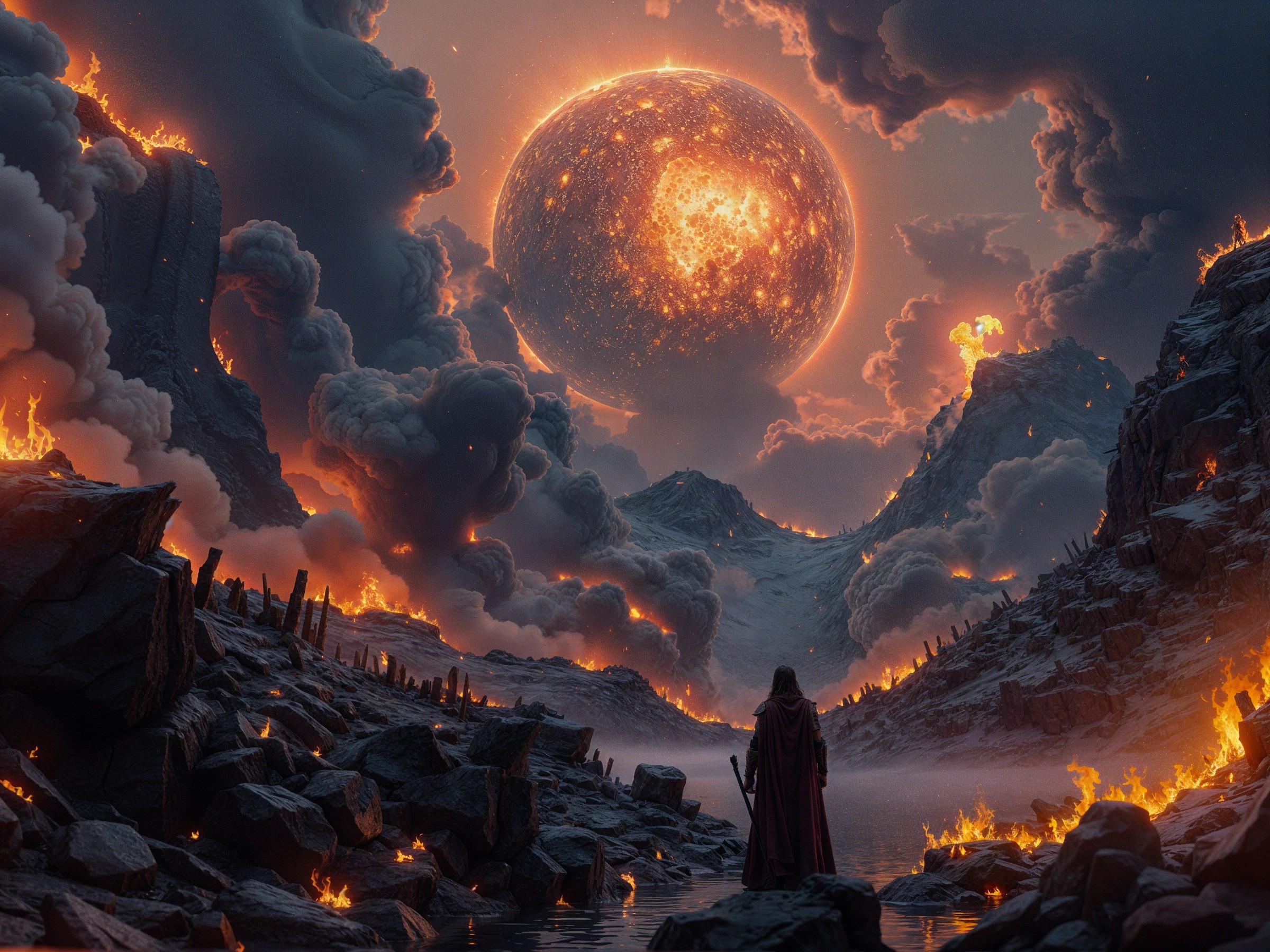 Dramatic Landscape with Fiery Sun and Jagged Mountains