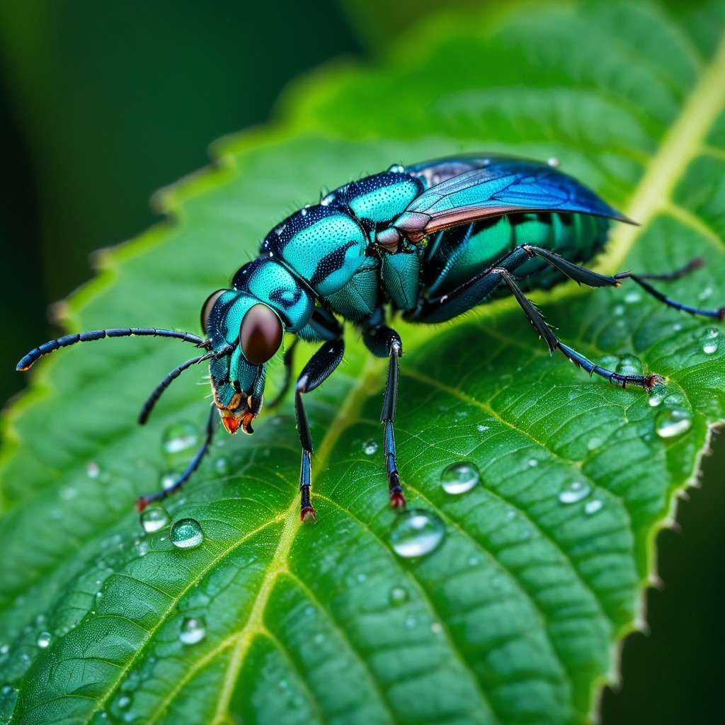 Vibrant Blue Beetle on Glossy Green Leaf with Dew