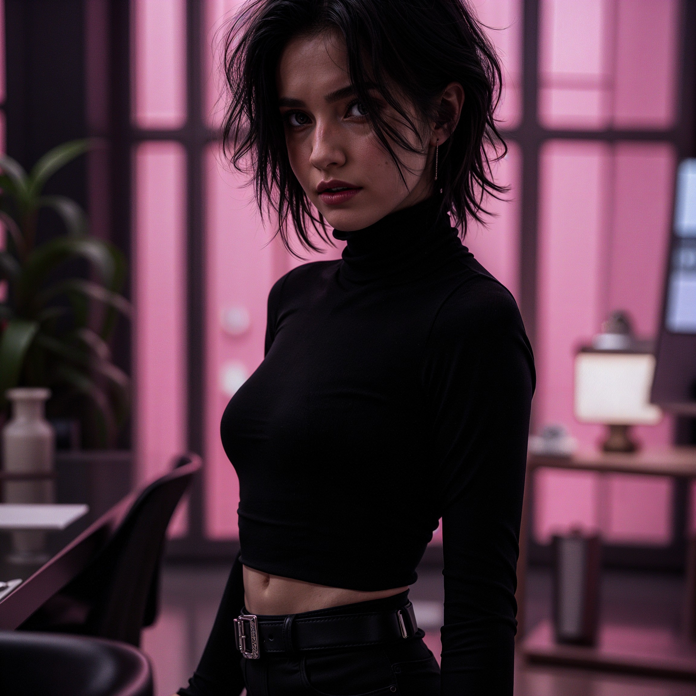 Young woman in stylish office with pink lighting