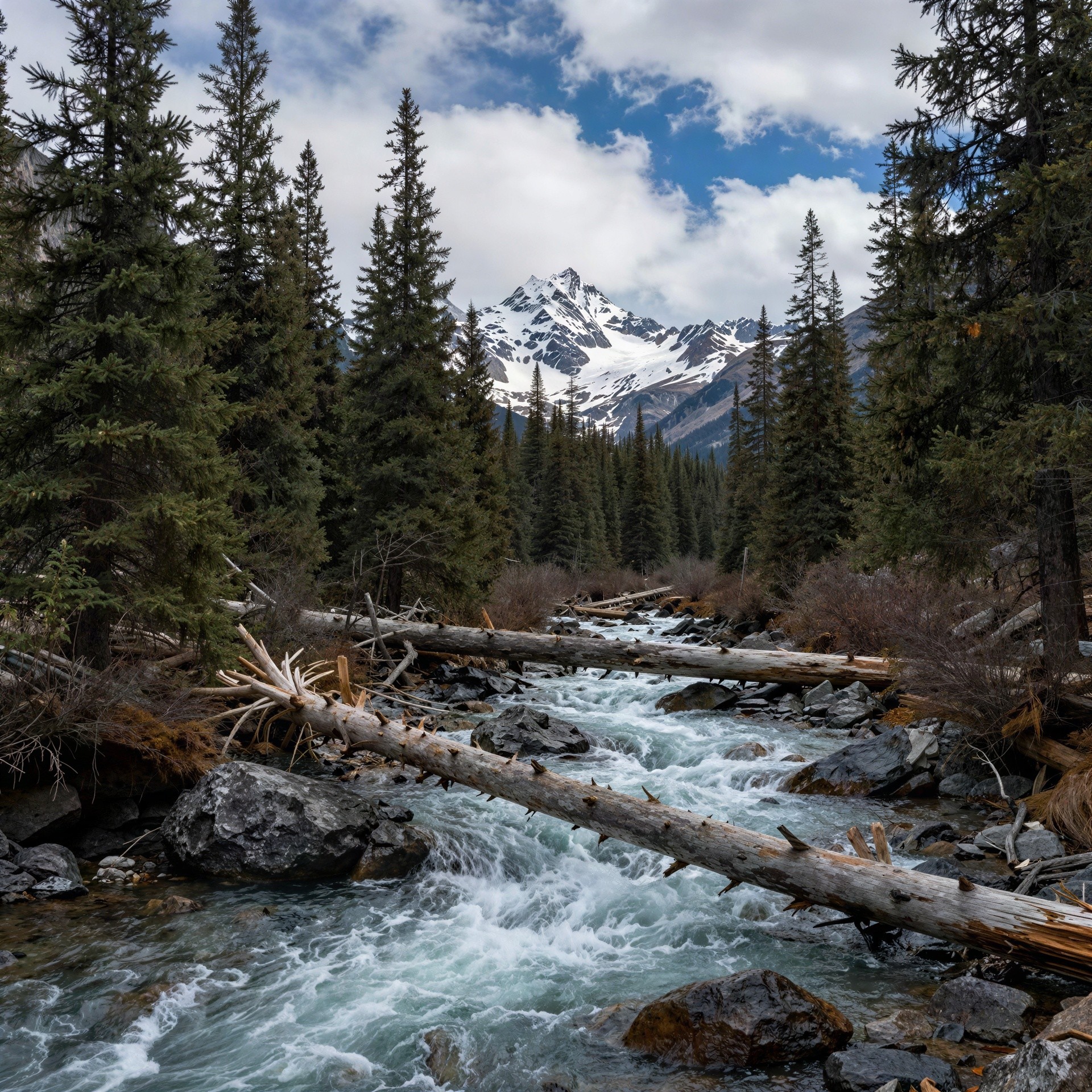 Lush Pine Forest with Snow-Capped Mountains and Stream