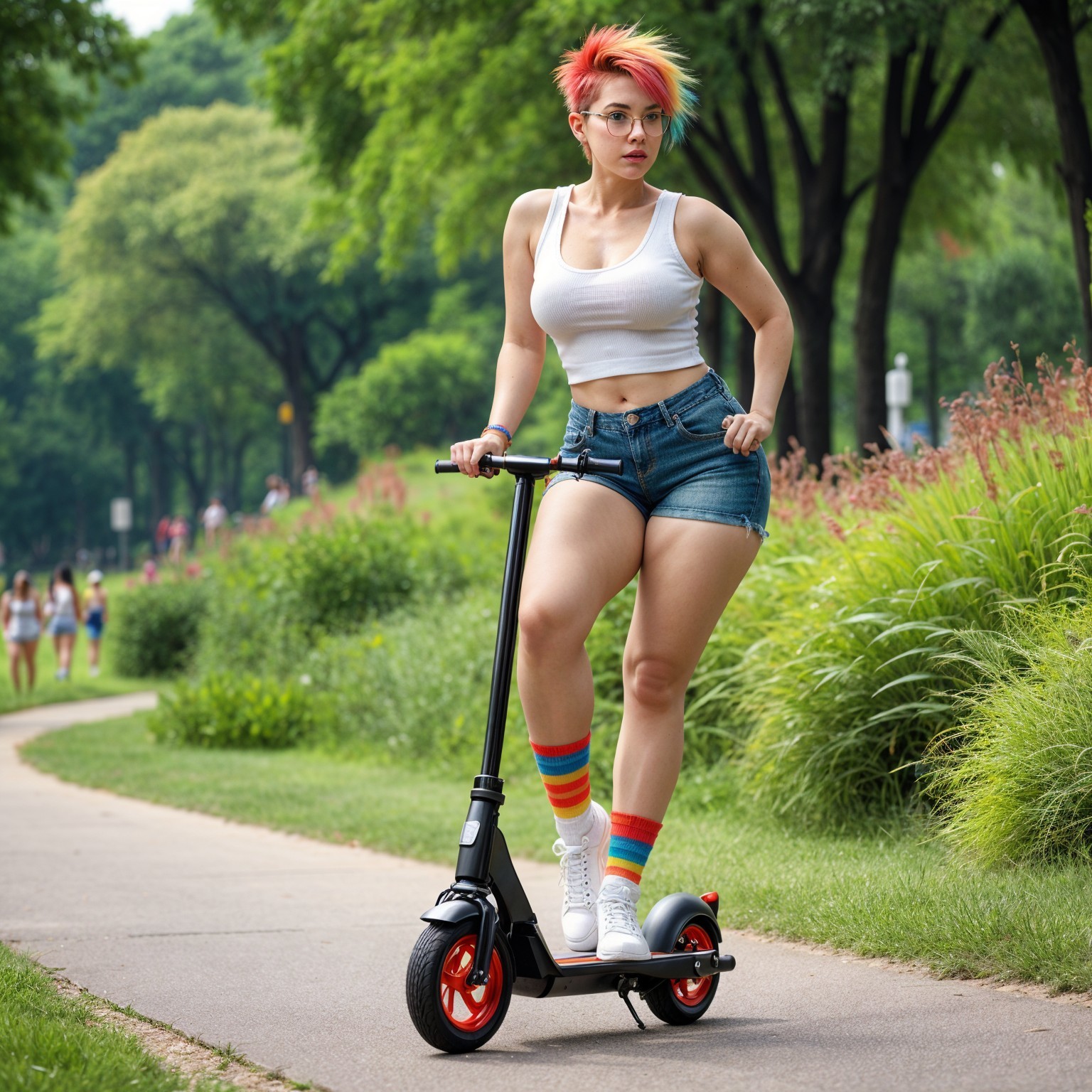 Young person with rainbow hair riding a scooter in park