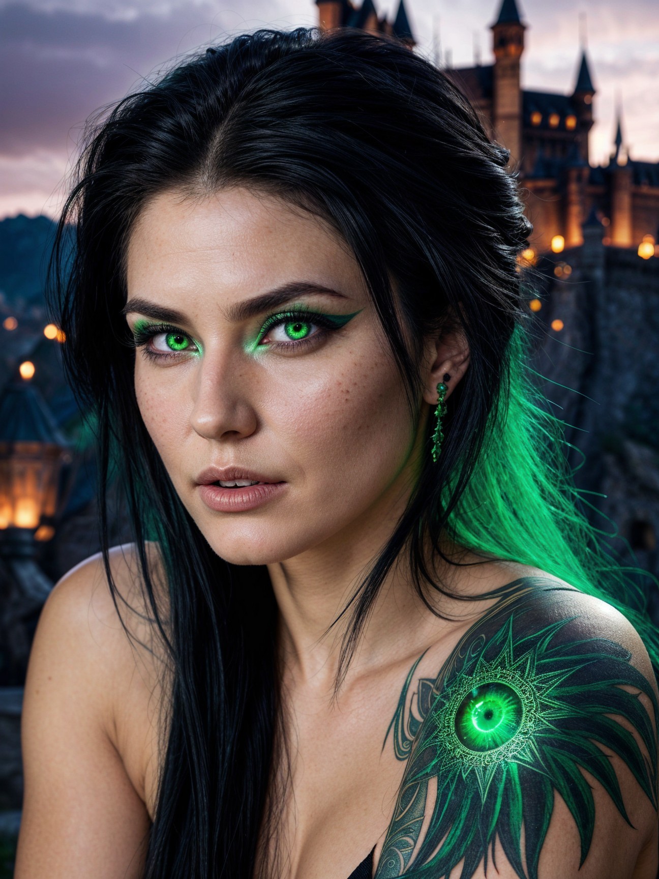 Woman with Green Eyes and Tattoos at Medieval Castle