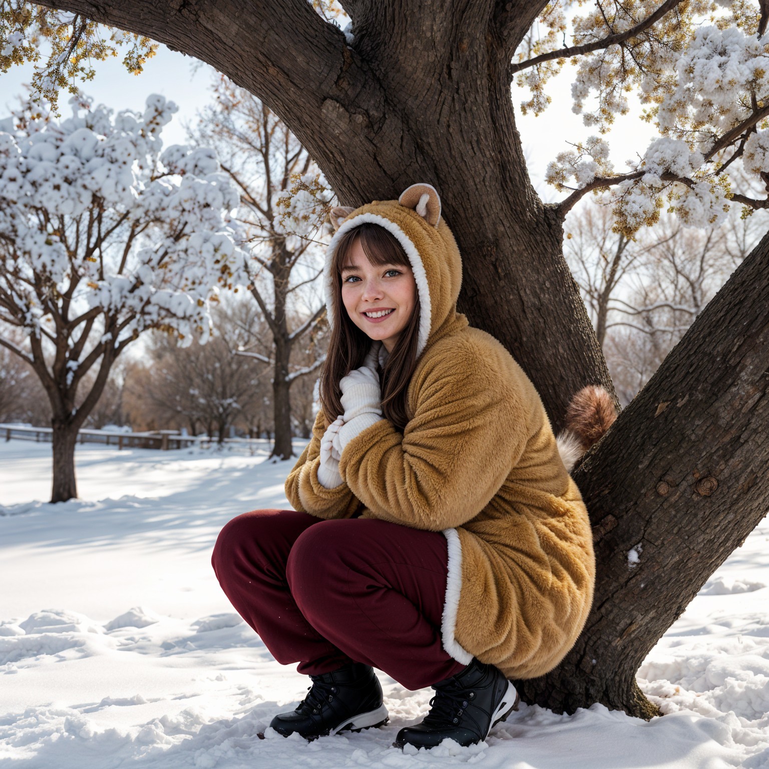 Girl in bear-themed outfit playing in snowy landscape