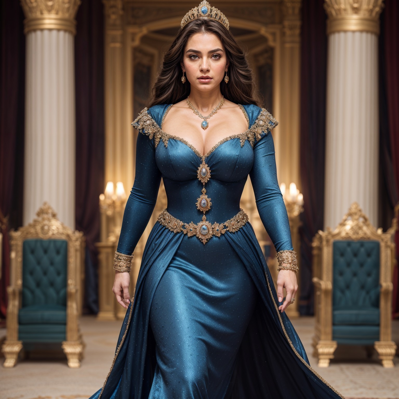 Regal Figure in Opulent Palace with Blue Gown