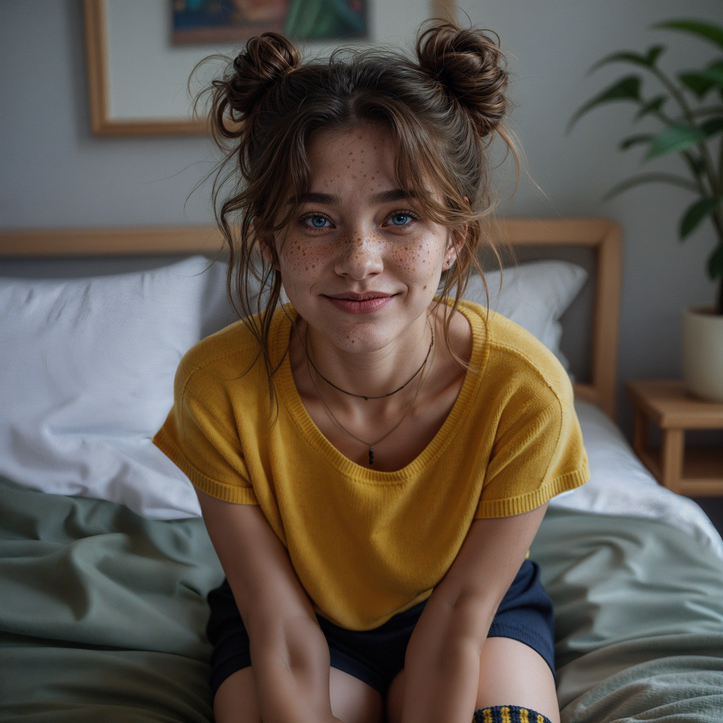Young girl with messy buns in cozy bedroom setting