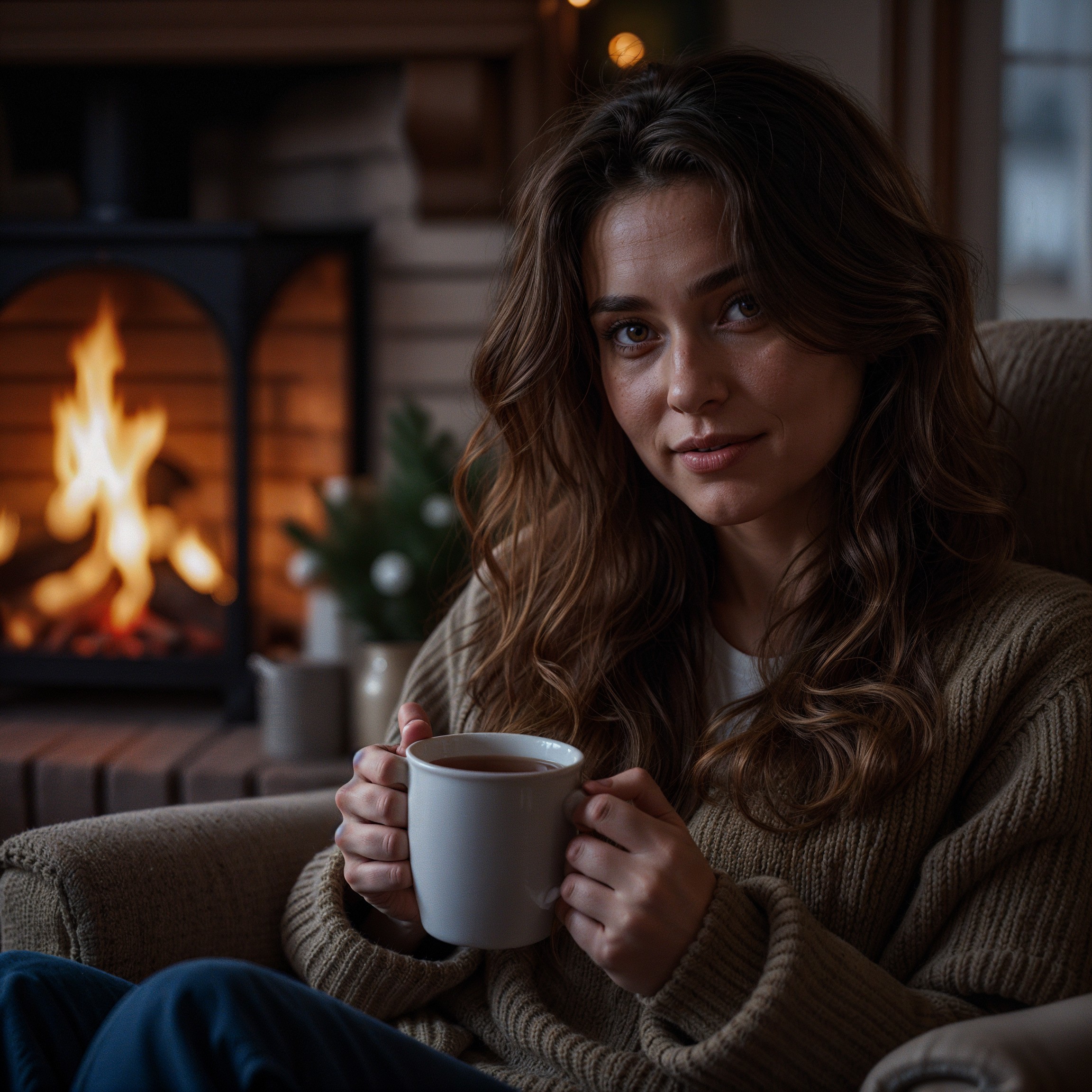 Cozy Woman in Armchair by Fireplace with Mug