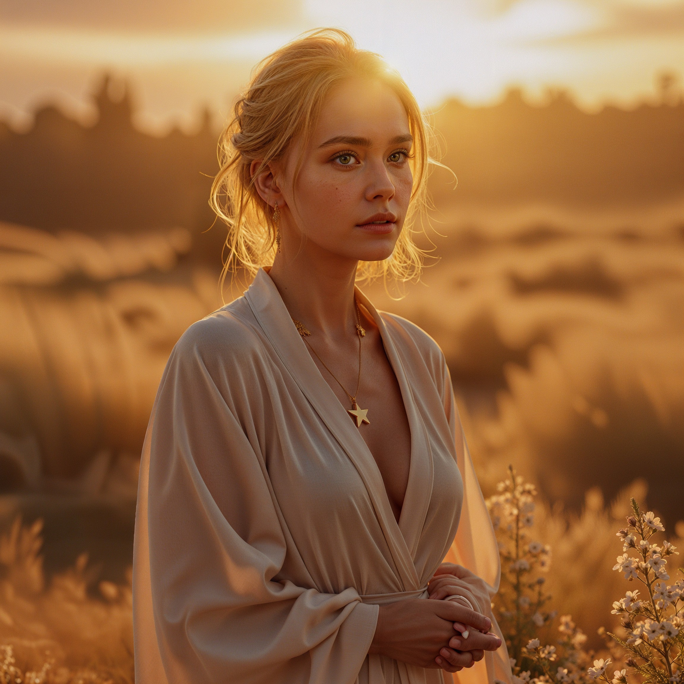 Young woman in sunlit field with wildflowers