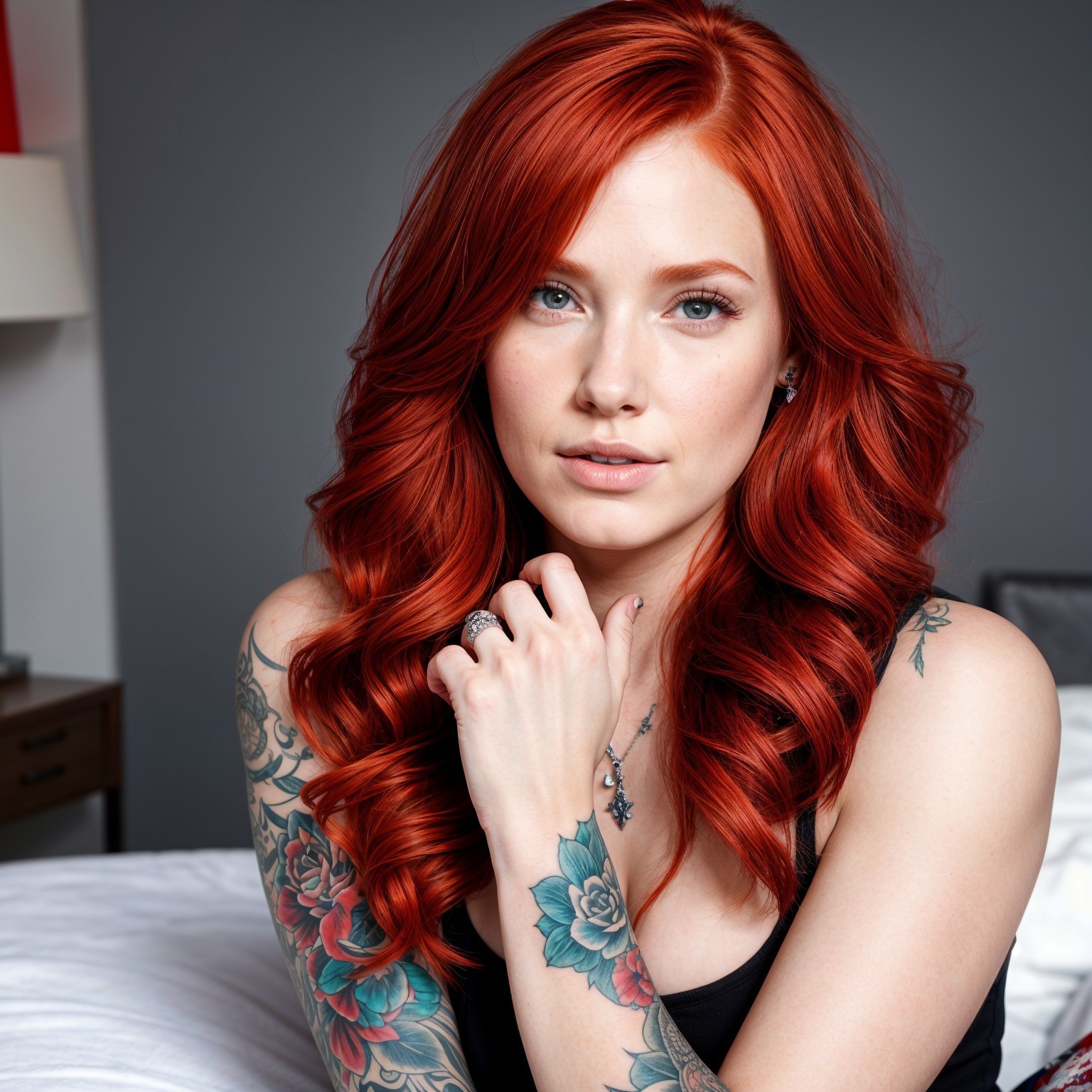 Woman with red hair and floral tattoos on bed