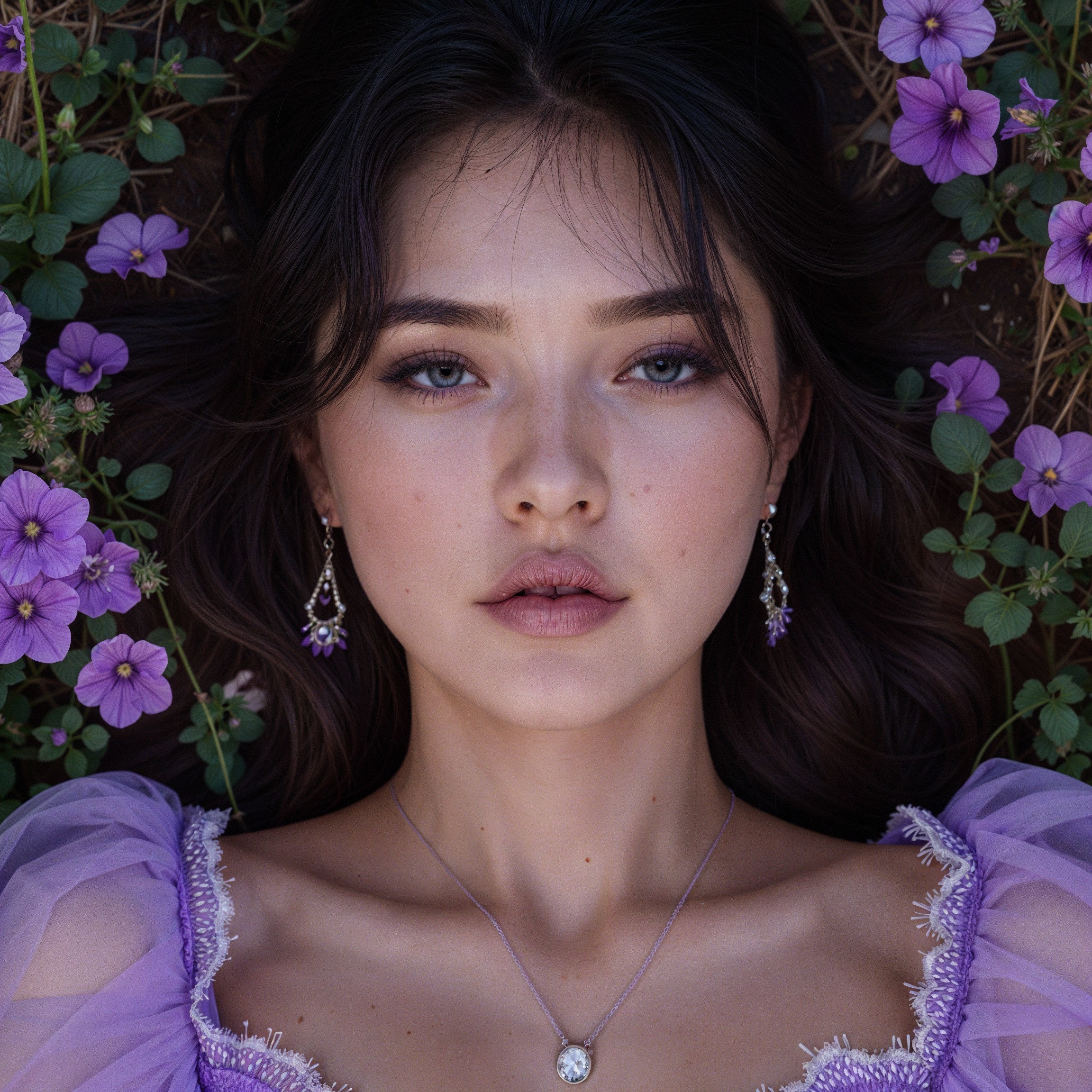 Portrait of a Young Woman Among Purple Flowers