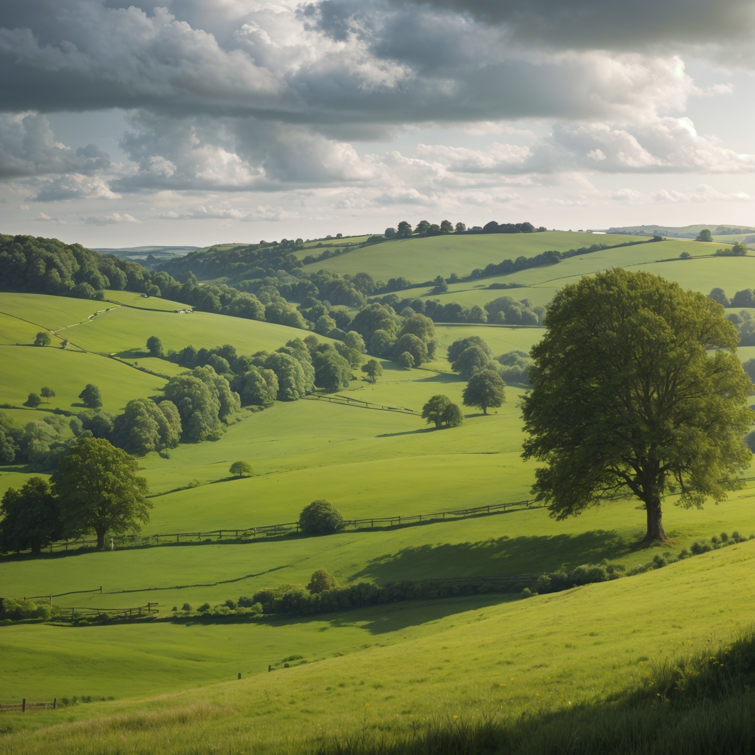 Picturesque Landscape of Green Hills and Trees