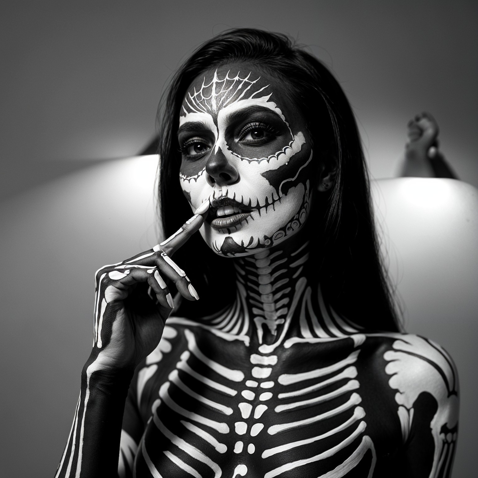Black-and-white portrait of model with skeleton body paint