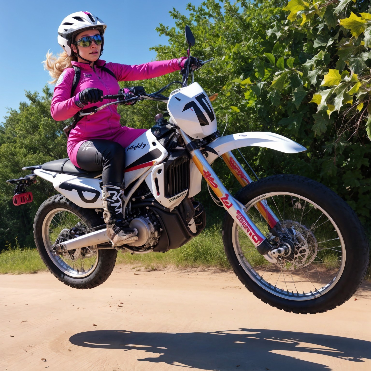Young Woman in Pink Riding Gear Performs Dirt Bike Wheelie