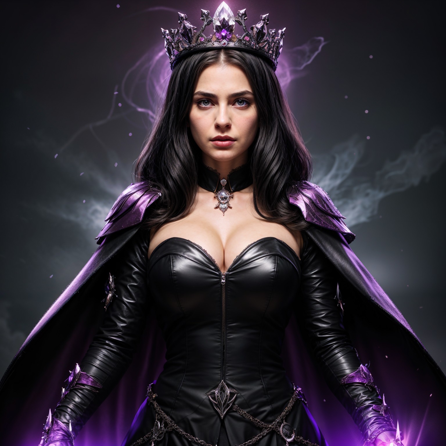 Dominant figure in black leather with crown and cape