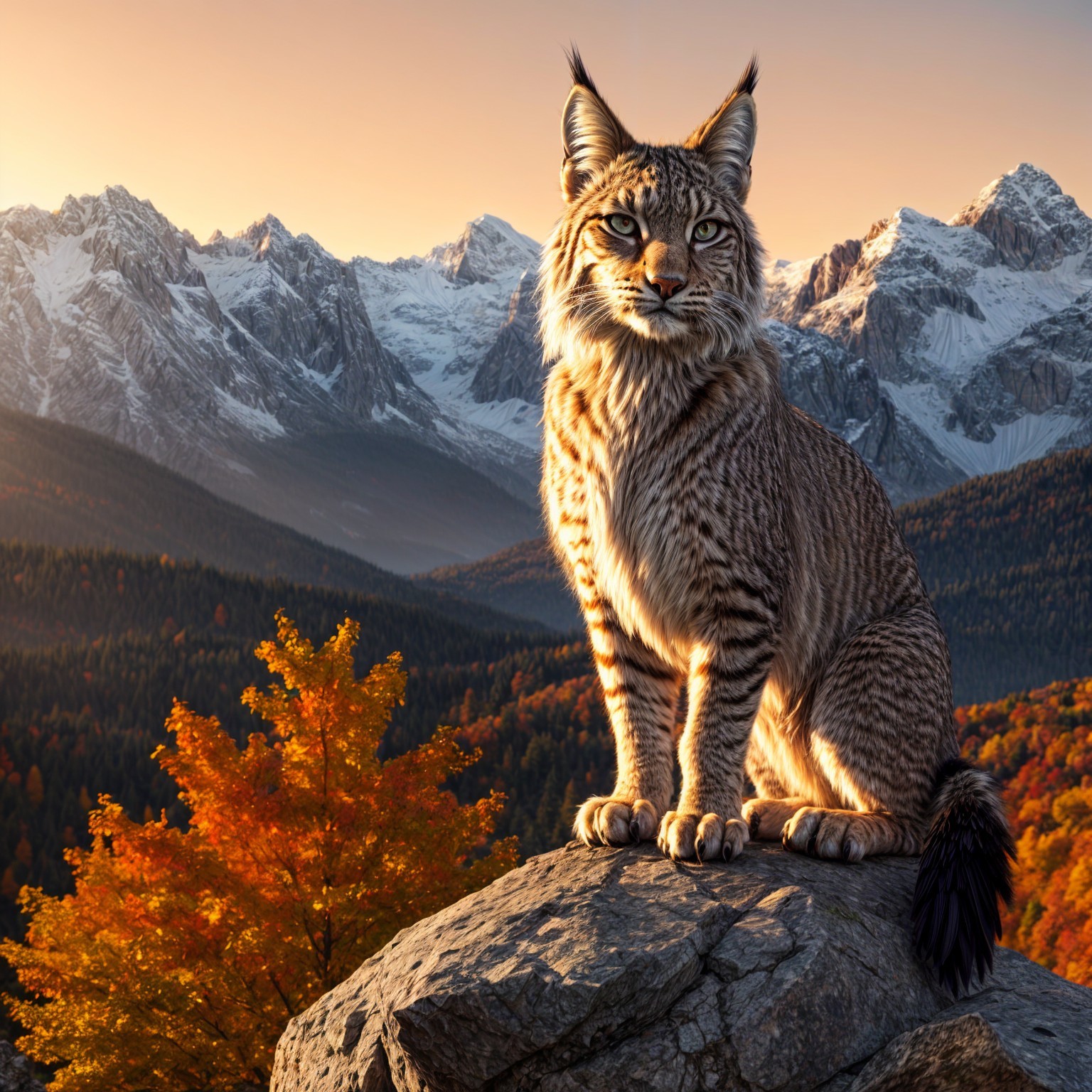 Lynx on Rock Against Autumn Foliage and Mountains