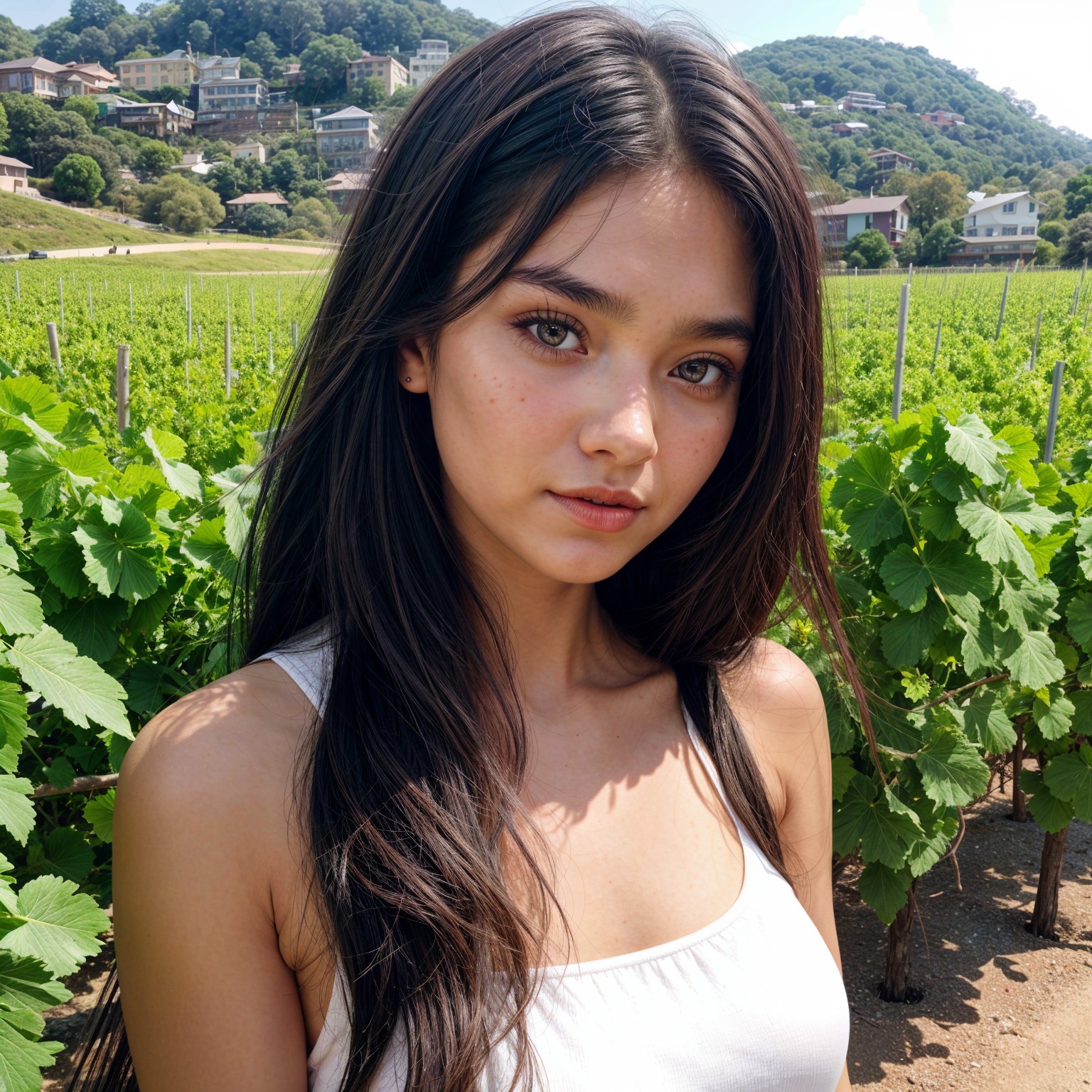 Young woman in vineyards with rolling hills backdrop