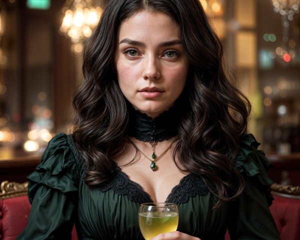 Elegant woman in green gown in luxurious setting