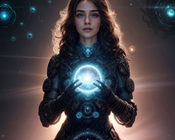 Young woman in steampunk attire amid cosmic scene