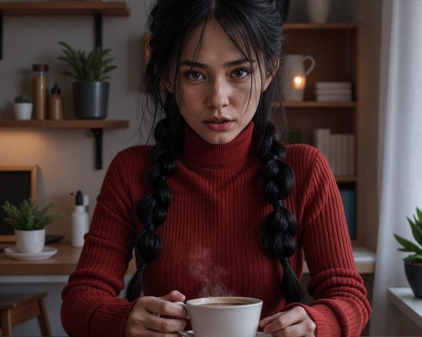 Young woman with braided hair at a coffee table