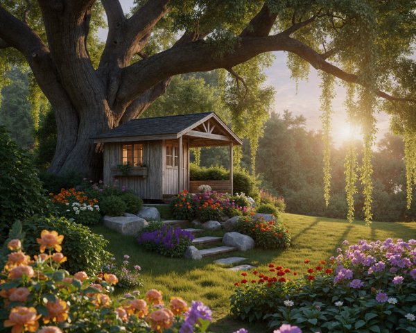 Wooden Cabin Surrounded by Blooming Garden and Tree