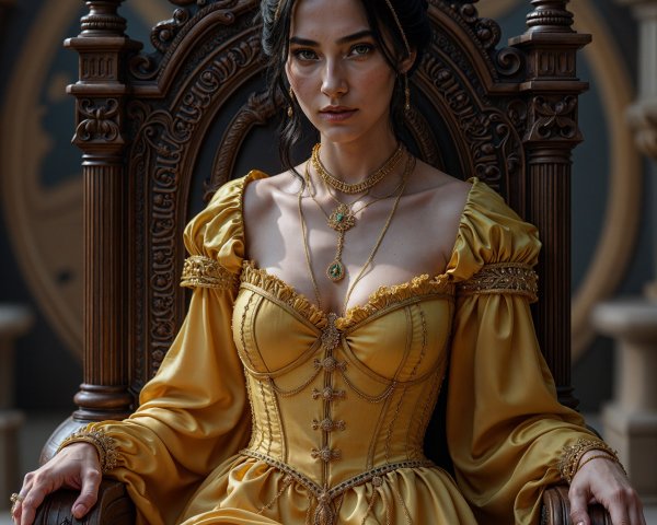 Regal Woman in Vintage Gown on Ornate Throne