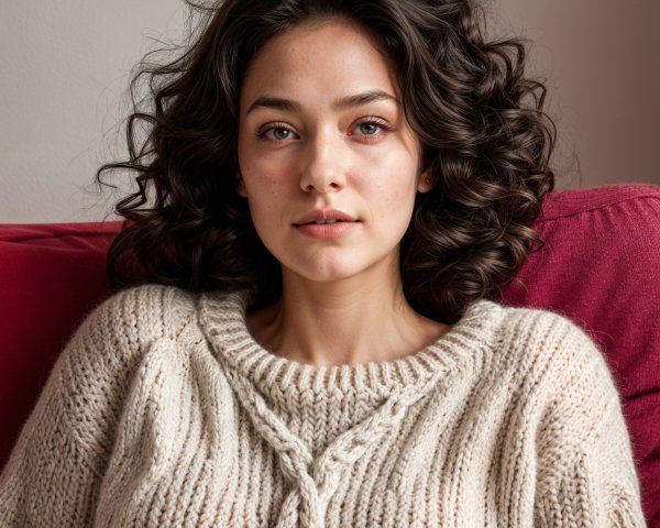 Young woman in cream sweater on red sofa