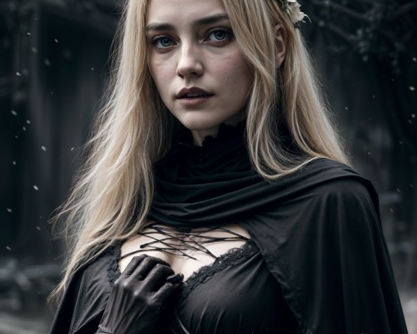 Young Woman in Elegant Black Attire in Misty Setting