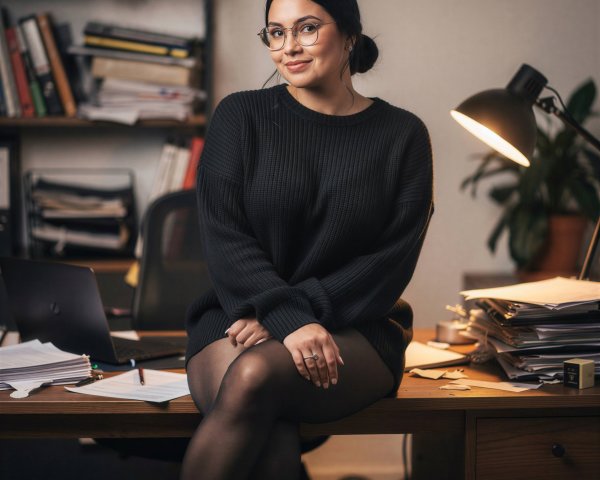 Young woman in gray sweater in an office setting