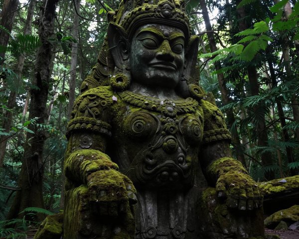 Close-up of a moss-covered Balinese statue in jungle