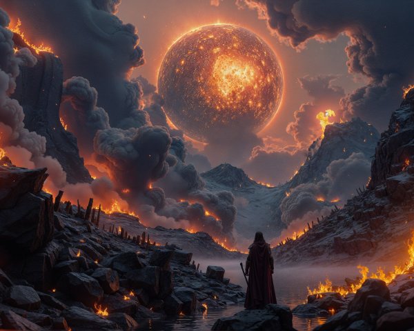 Dramatic Landscape with Fiery Sun and Jagged Mountains