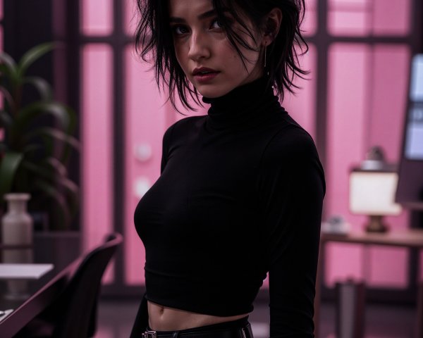 Young woman in stylish office with pink lighting