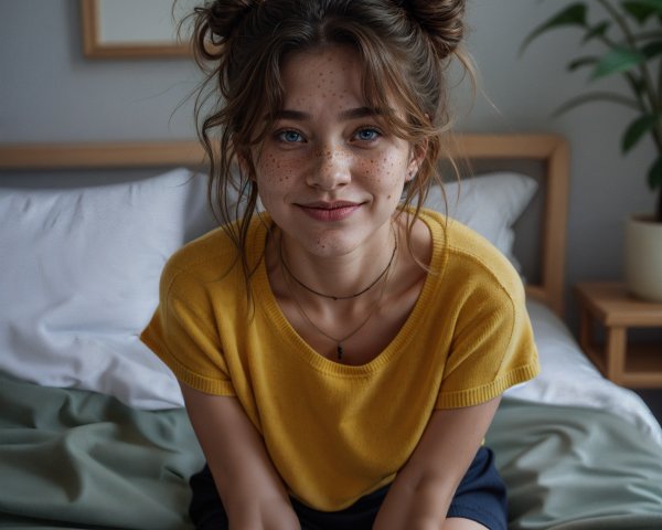 Young girl with messy buns in cozy bedroom setting