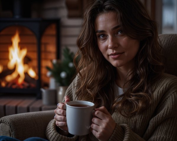 Cozy Woman in Armchair by Fireplace with Mug