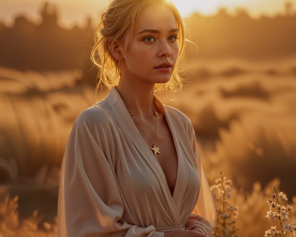 Young woman in sunlit field with wildflowers