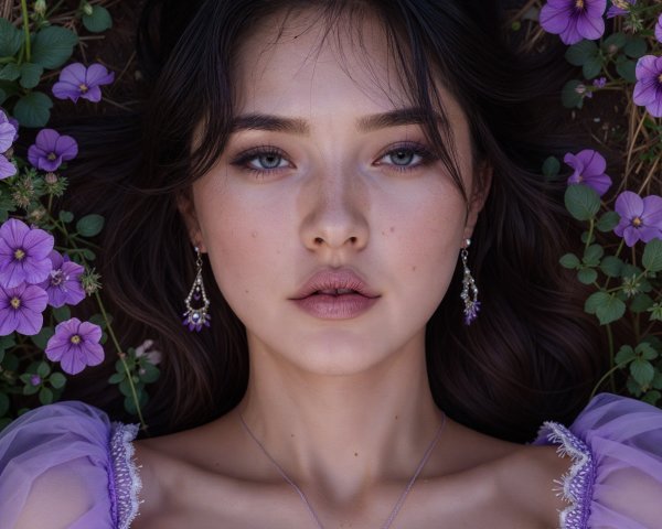 Portrait of a Young Woman Among Purple Flowers