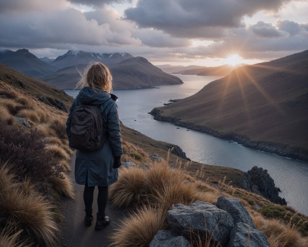 Mountain Path View of Sunset Over Winding River