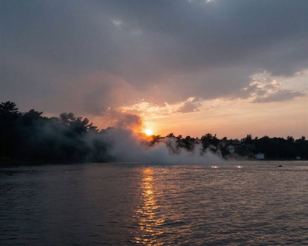 Dramatic Sunrise or Sunset Over Smoky Lake Scene