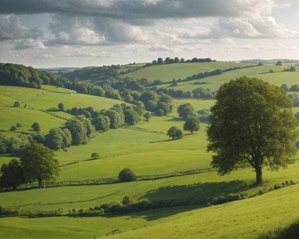 Picturesque Landscape of Green Hills and Trees