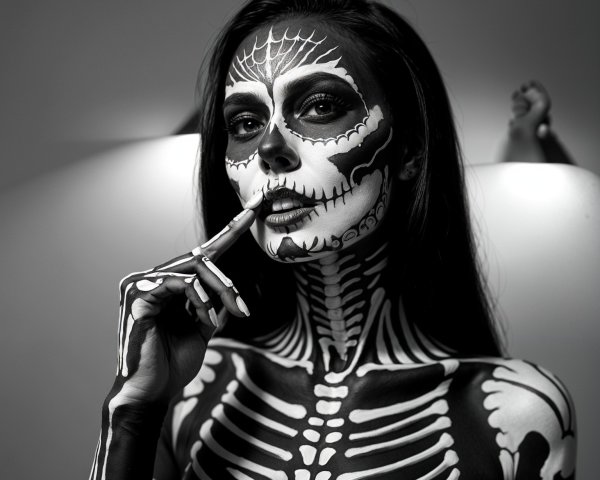 Black-and-white portrait of model with skeleton body paint