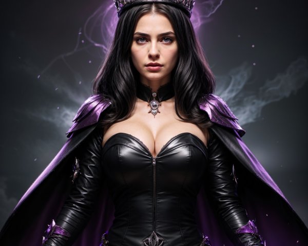 Dominant figure in black leather with crown and cape