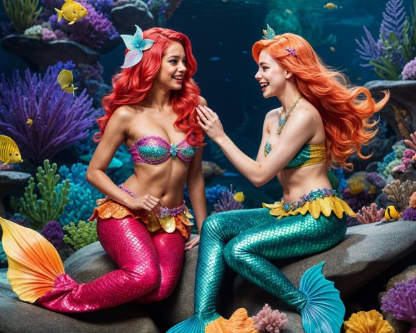 Vibrant Mermaids in Colorful Underwater Scene
