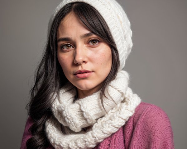 Young Woman in Cozy Pink Knit Sweater and Beanie
