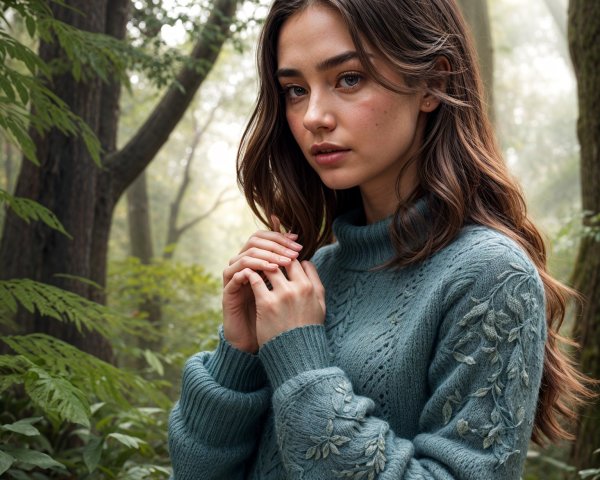 Young woman in blue sweater in misty forest setting