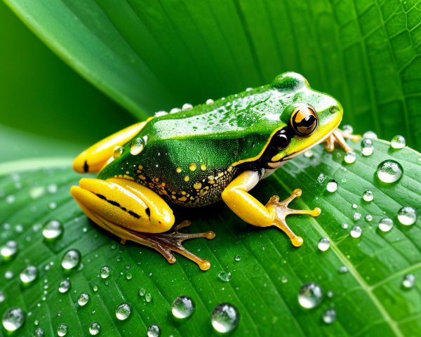 Vibrant Green Frog on Leaf with Water Droplets