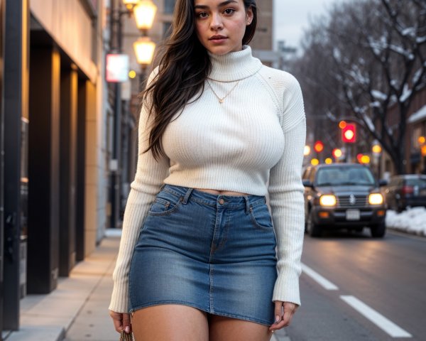 Twilight City Scene with Confident Young Woman