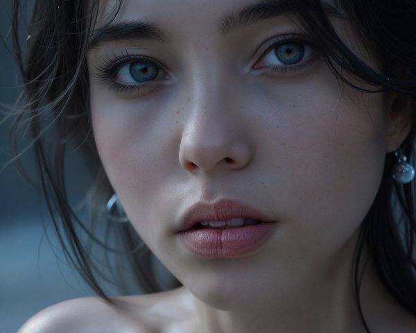 Close-up of a young woman with blue eyes and freckles