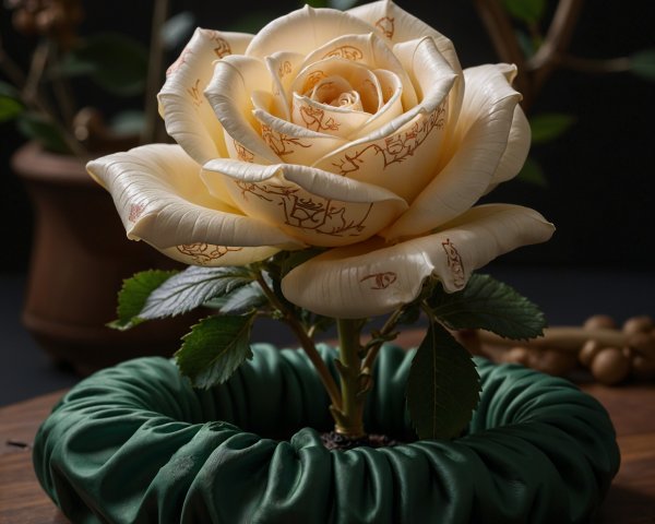 Decorative rose with cream petals and golden patterns