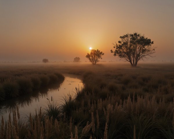 Serene Dawn Landscape with Winding River and Mist