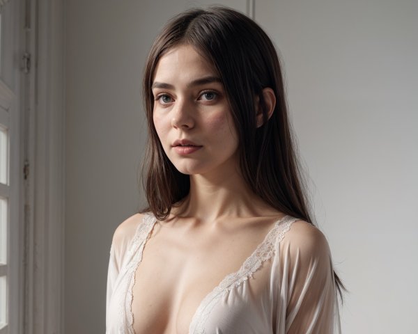 Young Woman in Softly Lit Room with Calm Expression